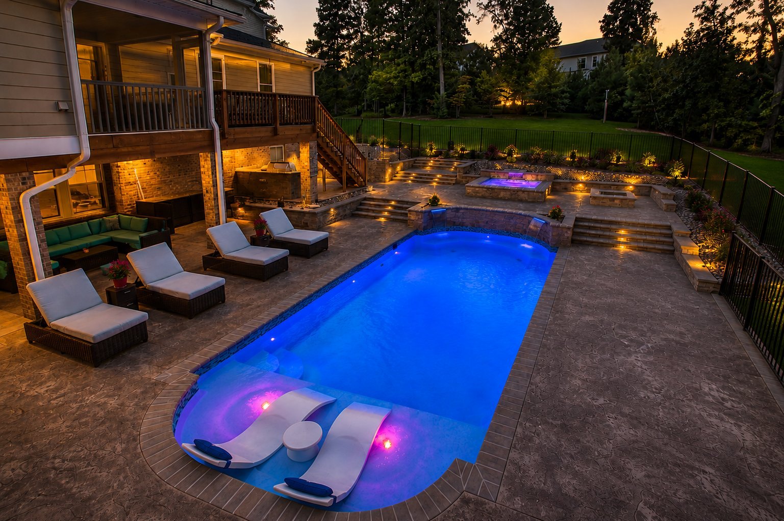 A luxury fiberglass pool at twilight with custom lighting and hardscaping
